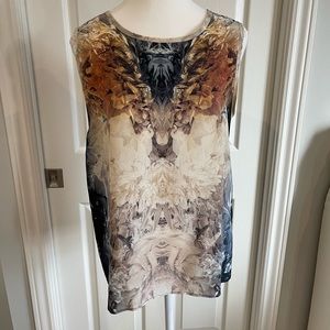 All Saints silk sleeveless top with raw edges at sleeve/neck. Printed in Italy.